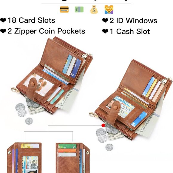 Leather RFID Blocking Wallet Female Bifold with Zipper Pockets and Card Slots - Picture 2 of 7